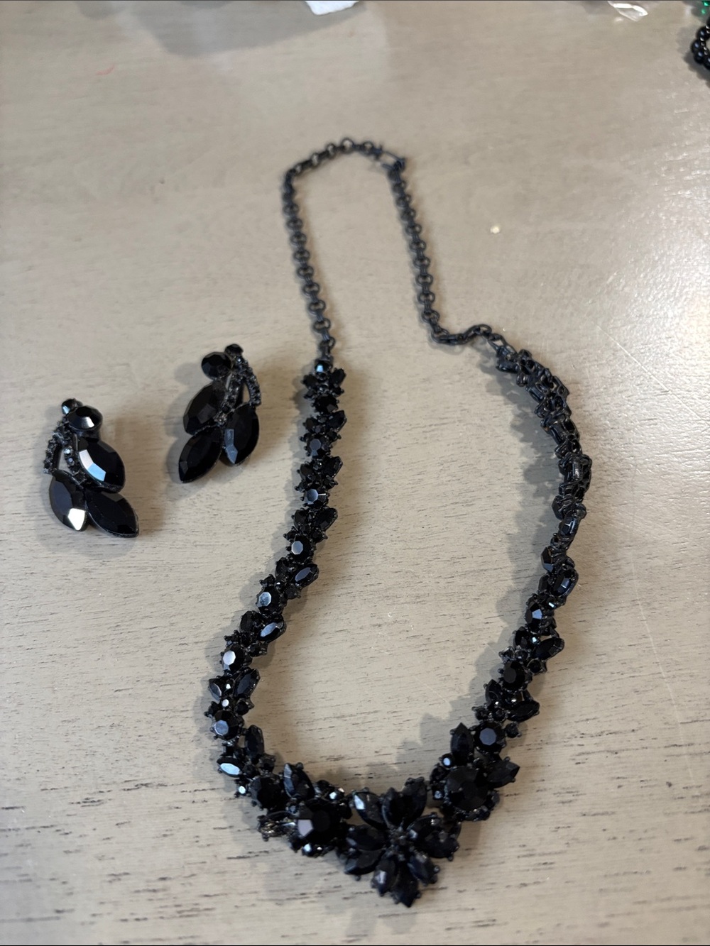 Black Crystal Floral Necklace and Earrings Set clip on
